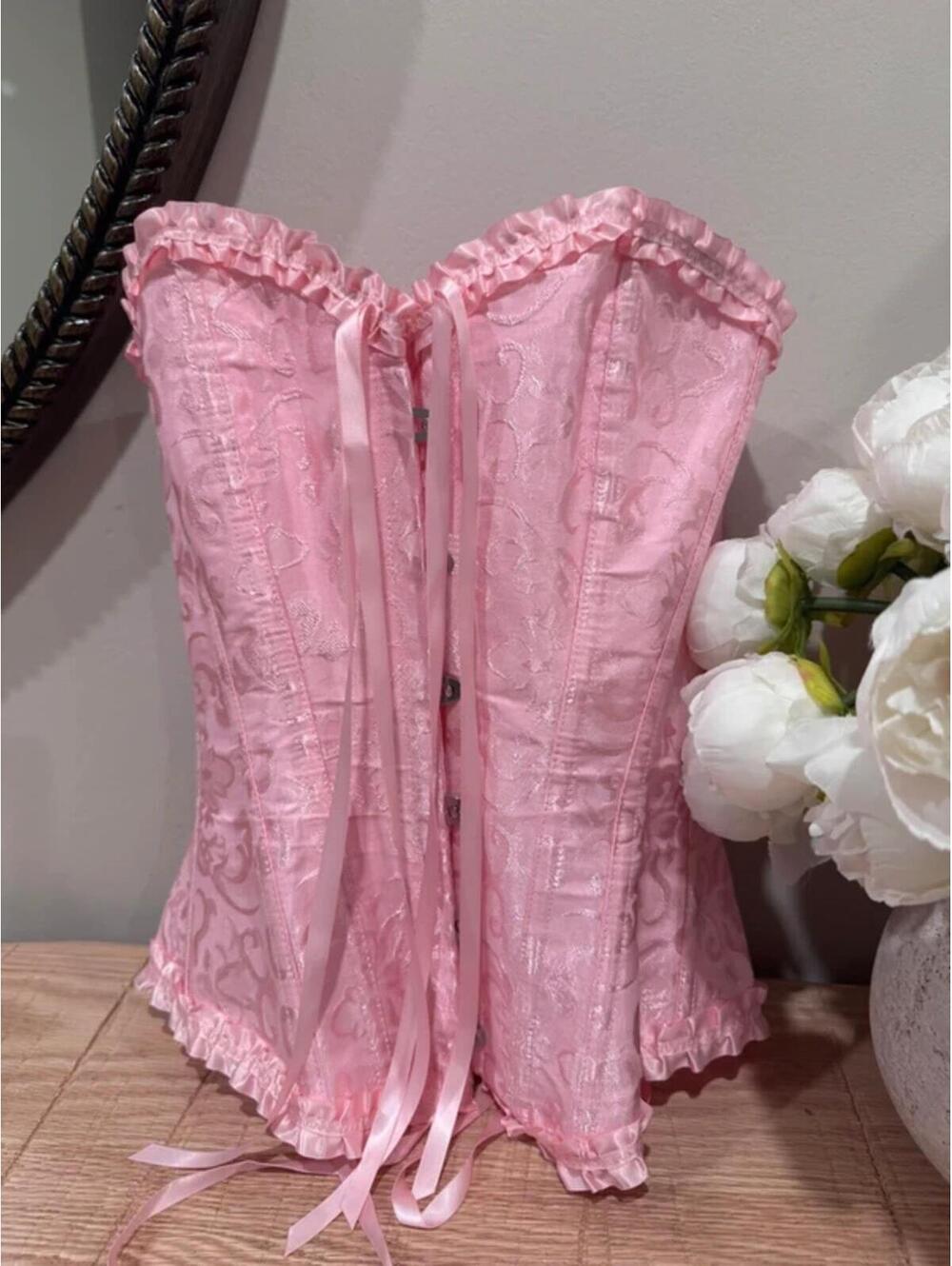 Y2k XS Strapless Rose Pink Corset Lace Ruffle Top